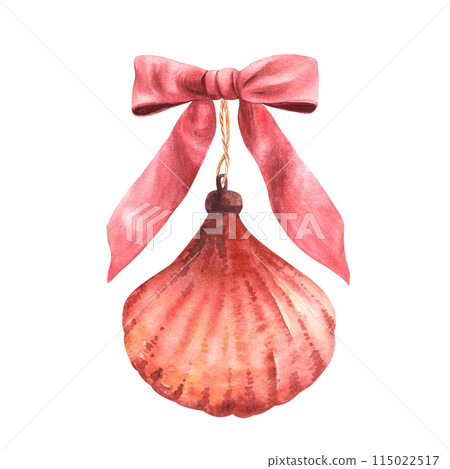 Christmas tree old glass toy in the form of sea shell with a red bow. Watercolor antique shiny xmas fir decor or New year vintage ball. Clipart. Hand drawn illustration isolated on white background. 115022517