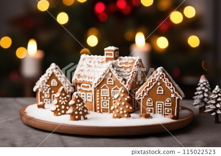 Gingerbread house on table. Defocused lights of Christmas garland. Evening in the living room. Holiday mood.  115022523