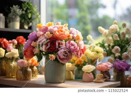 Various flowers in vases decorate the table beautifully 115022524