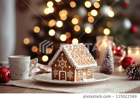 Gingerbread house on table. Defocused lights of Christmas garland. Evening in the living room. Holiday mood.  115022569
