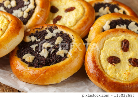 Authentic Czech kolache made with cottage cheese or poppy seeds closeup. Horizontal 115022685