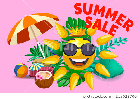 Promo background Summer sale poster Sun cartoon in sunglasses Promo background Summer sale poster Sun cartoon in sunglasses 115022706