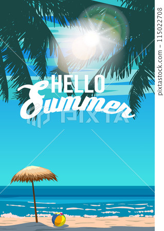 Hello Summer Retro Poster. Tropical resort coast beach, beach straw umbrella, palm, surf, ocean. Summer vacation holiday 115022708