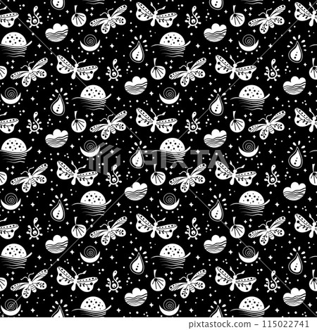 Seamless neo folk art vector pattern with butterfly, moth and flowers, black and white floral design. Neo folk style endless background perfect for textile design. 115022741