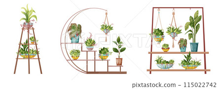 Houseplant and macrame plant growing in pots. Set of flower rack and handmade home decorations macrame plants isolated on white background. Cartoon flat illustration. Houseplant and macrame plant growing in pots. Set of flower rack and handmade home decorations macrame plants isolated on white background. Cartoon flat illustration. 115022742