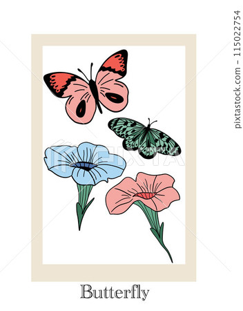 Poster set flat design butterflies and petunia flowers 115022754