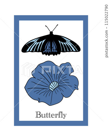 Blue petunia and monarch seventh butterfly poster flat design Blue petunia and monarch seventh butterfly poster flat design 115022790