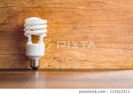 Energy saving light bulb on wooden table. Fluorescent Lightbulb Energy saving light bulb on wooden table. Fluorescent Lightbulb 115022811
