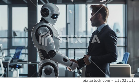 Businessman AI shaking hands with robot Businessman AI shaking hands with robot 115023113