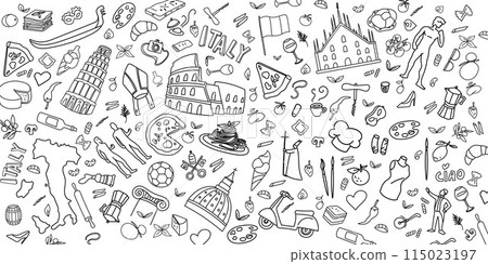 Italy Travel Doodle Line Art Illustration. Hand Drawn Vector Clip Art. background Banner Set Logos 115023197