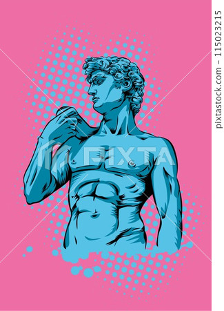 Michelangelo's David bust. Retrofuturistic vector illustration in vaporwave and retrowave 80's aesthetics style 115023215