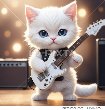 White kitten playing a white electric guitar 115023253