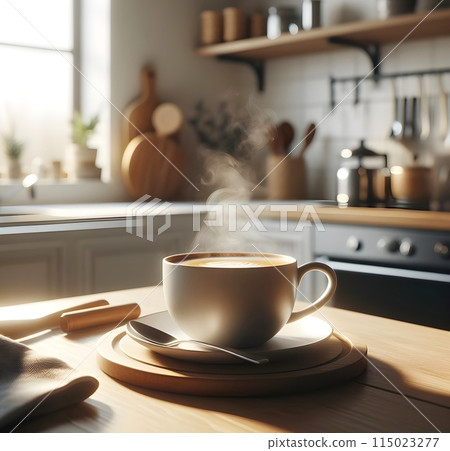 Steaming Coffee Cup in Cozy Sunlit Kitchen 115023277