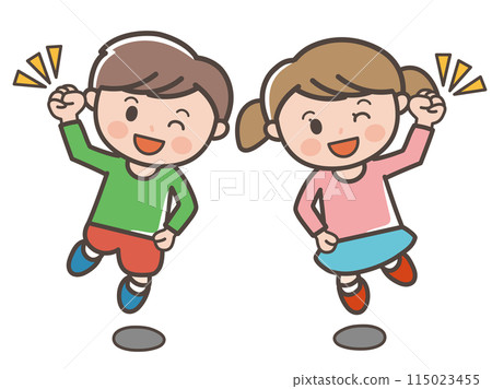 Full-body illustration of a boy and girl jumping energetically and raising their fist (elementary school students, toddlers, children) 115023455