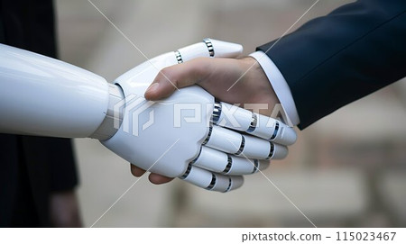 Businessman AI shaking hands with robot 115023467