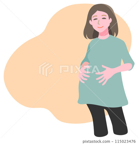 A smiling pregnant woman in her final month with her hands on her stomach A smiling pregnant woman in her final month with her hands on her stomach 115023476