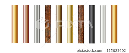 Pipe set isolated on background. Chrome, rusty, steel, golden, copper and iron pipes profile. Cylinder metal tubes. Vector 115023602