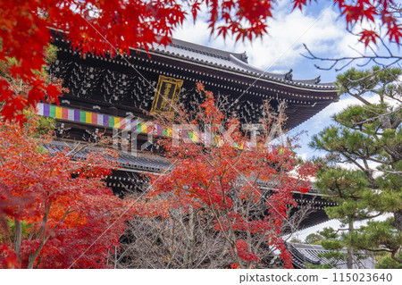Kurodani Konkai Komyoji Temple's mountain gate surrounded by autumn leaves Kurodani Konkai Komyoji Temple's mountain gate surrounded by autumn leaves 115023640