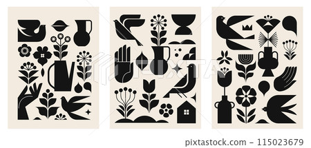 Black and white modern symbolist design. minimalist black illustrations in modern Nordic style 115023679