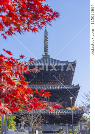 Kurodani Konkai Komyoji Temple Monju Pagoda surrounded by autumn leaves Kurodani Konkai Komyoji Temple Monju Pagoda surrounded by autumn leaves 115023694