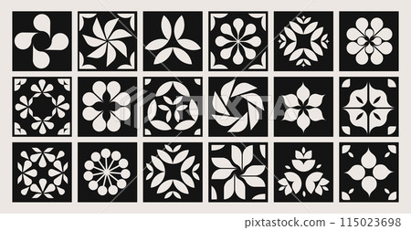 Collection of geometric patterns, tiles with flowers and shapes, modern minimalist style elements Collection of geometric patterns, tiles with flowers and shapes, modern minimalist style elements 115023698