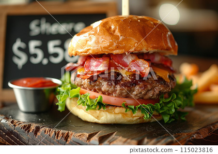 大漢堡和黑板上的手寫價格“AI生成圖像” 115023816