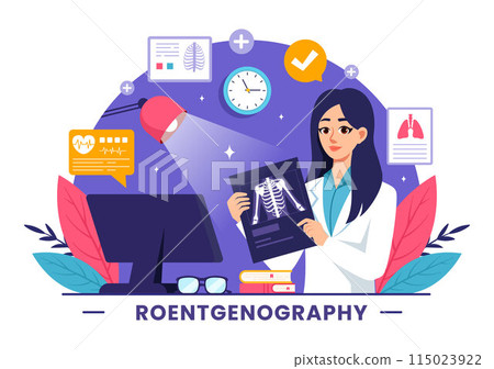 Roentgenography Vector Illustration with Fluorography Body Checkup Procedure, X-ray Scanning or Roentgen in Health Care in a Flat Cartoon Background 115023922