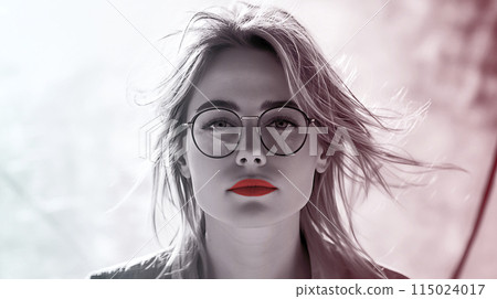 Stylish woman with red lips and glasses 115024017