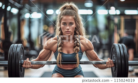 Determined female athlete lifting weights in gym 115024019