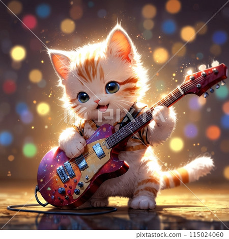 Kitten singing while playing a red electric guitar 115024060