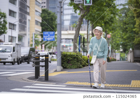 Senior woman walking down the street with a cane 115024365