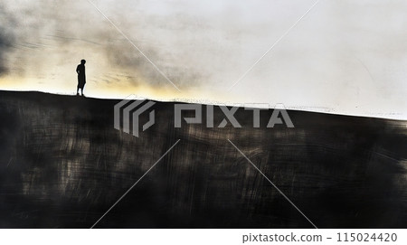 Silhouette of a person at dusk on a hill 115024420