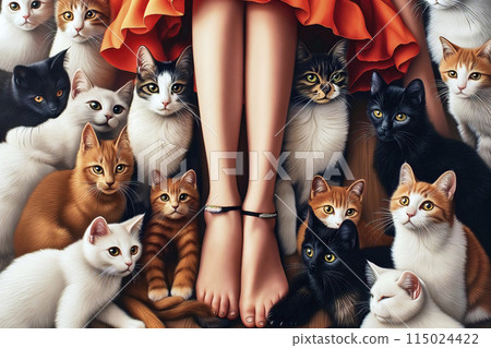 Elegant woman surrounded by array of cats 115024422