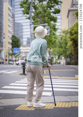 Back view of a senior woman walking down the street with a cane Back view of a senior woman walking down the street with a cane 115024706