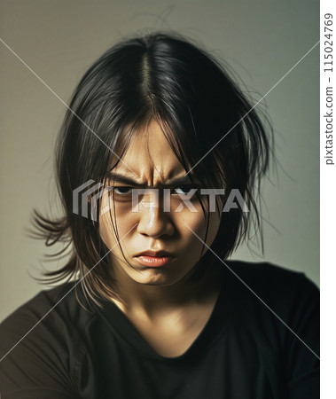 Intense young woman with fierce expression 115024769