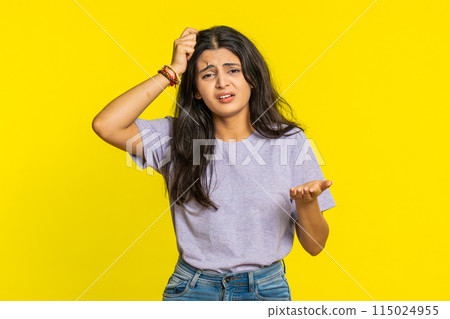 Young sad woman loses becoming surprised by lottery results, bad fortune, loss, unlucky fortune news 115024955