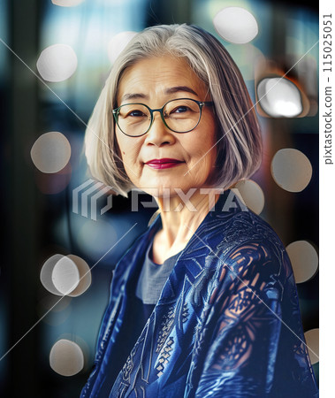 Serene senior woman with bokeh lights 115025051