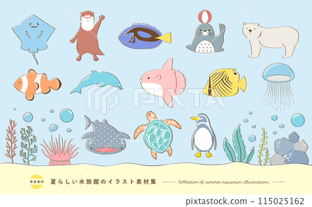 夏季水族館插畫集：手繪時尚可愛的生物－魚、企鵝等。 115025162