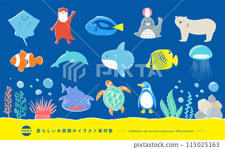 Summer aquarium illustration set: Hand-drawn stylish cute creatures - fish, penguins, etc. 115025163