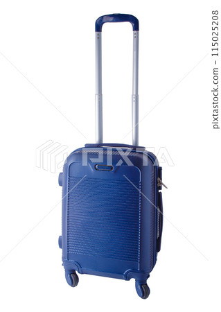 Suitcase on wheels isolated on white background. Hand luggage on the plane. Baggage. Small compact bag with telescopic handle. Blue plastic suitcase 115025208