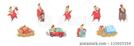 Fat Rich Millionaire Man in Red Suit with Money Vector Set 115025354