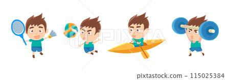 Funny Boy Kid Doing Different Sport Training Vector Set 115025384