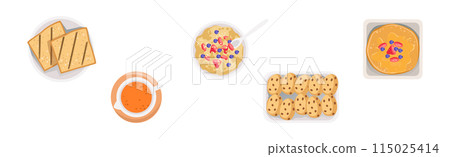 Breakfast Morning Meal Served on Table Above View Vector Set 115025414