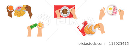 Breakfast Morning Meal Served on Table Above View Vector Set 115025415