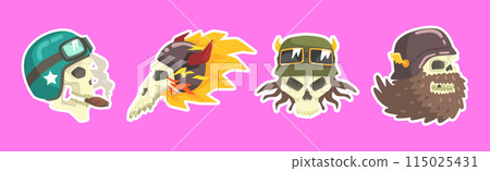 Skull Head with Beard Wearing Retro Helmet Vector Set 115025431