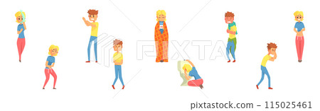 Sick Man and Woman Character Feel Unwell Look Unhappy Vector Set 115025461