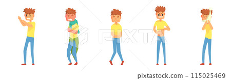 Sick Man Character Feel Unwell Look Unhappy Vector Set Sick Man Character Feel Unwell Look Unhappy Vector Set 115025469