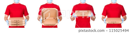Delivery man in red t-shirt and blue medical gloves holding pizza boxes isolated 115025494