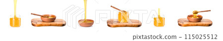 Wooden bowl full of honey and wooden dipper on wooden plank isolated on white 115025512