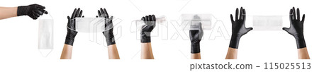 Hand in black gloves wearing disposable face mask isolated on white background 115025513